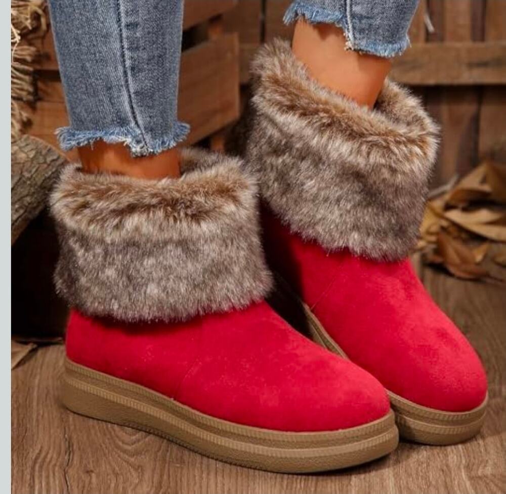 EU Size 37 Women's Red Winter Snow Boots Faux Fur Cuff Slip-On Ankle Booties Pla